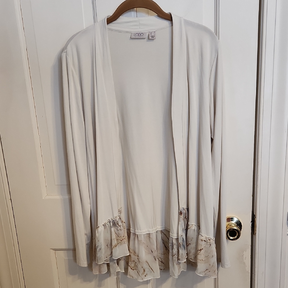LOGO by Lori Goldstein Cream Cardigan with Marble Ruffle Hem
